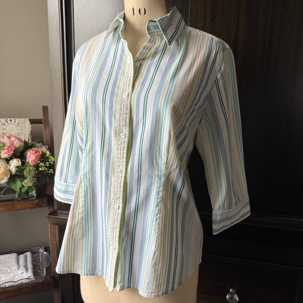 Croft & Barrow Womens Large Blue Green Pink Striped 3/4 Sleeve Button Down Shirt